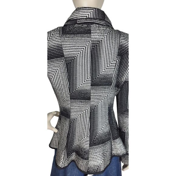 Joseph Ribkoff Chevron Print Black & Silver Tiered High Collar Peplum Jacket - Picture 13 of 14